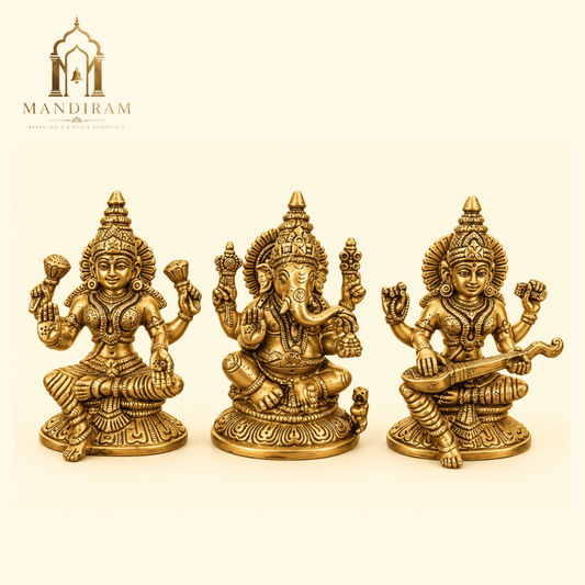 Brass Saraswati Ganesh Lakshmi Set – Divine Trio for Wisdom, Prosperity & Success