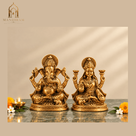Brass Ganesh Laxmi Idol | Goddess Lakshmi and Lord Ganesha Statue for Home Temple & Diwali Pooja