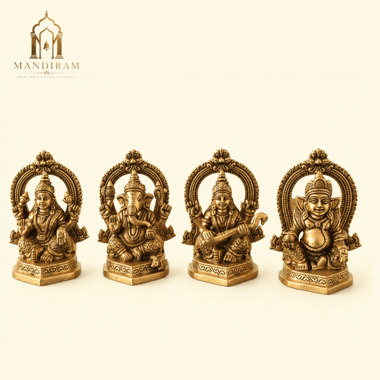Brass Ganesh Lakshmi Kuber Saraswati Idol Set | Hindu God for Home Temple & Pooja