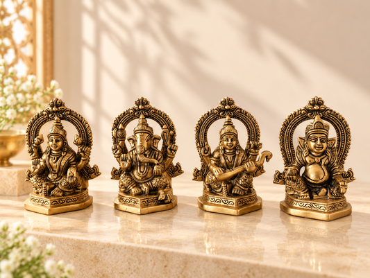 Brass Ganesh Lakshmi Kuber Saraswati Idol Set | Hindu God for Home Temple & Pooja