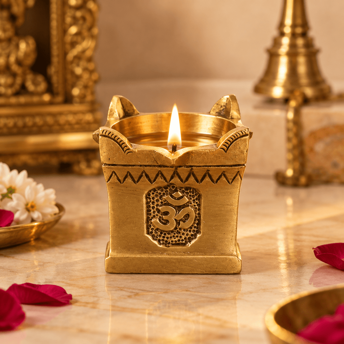 Brass Tulsi OM Diya - traditional oil lamp