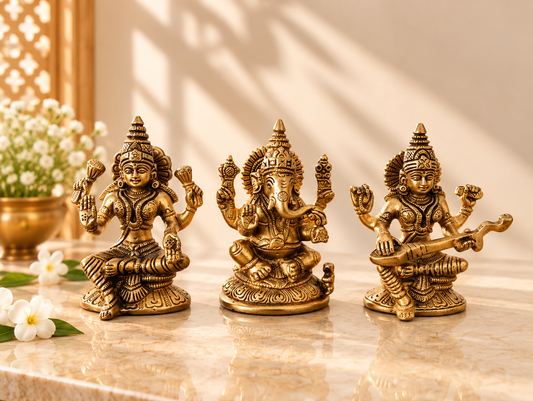 Brass Saraswati Ganesh Lakshmi Set – Divine Trio for Wisdom, Prosperity & Success