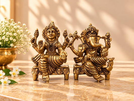 Brass Ganesh Laxmi Idol | Goddess Lakshmi and Lord Ganesha