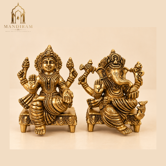 Brass Ganesh Laxmi Idol | Goddess Lakshmi and Lord Ganesha