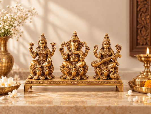 Brass Saraswati Ganesh Laxmi Idol Set – Auspicious Gift for Home, Office & Festivals