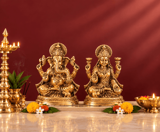 Brass Ganesh Laxmi Idol | Goddess Lakshmi and Lord Ganesha Statue for Home Temple & Diwali Pooja
