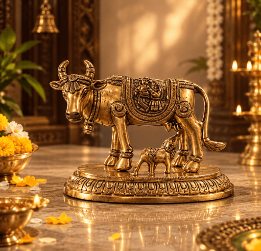 Brass Kamdhenu Cow & Calf Idol